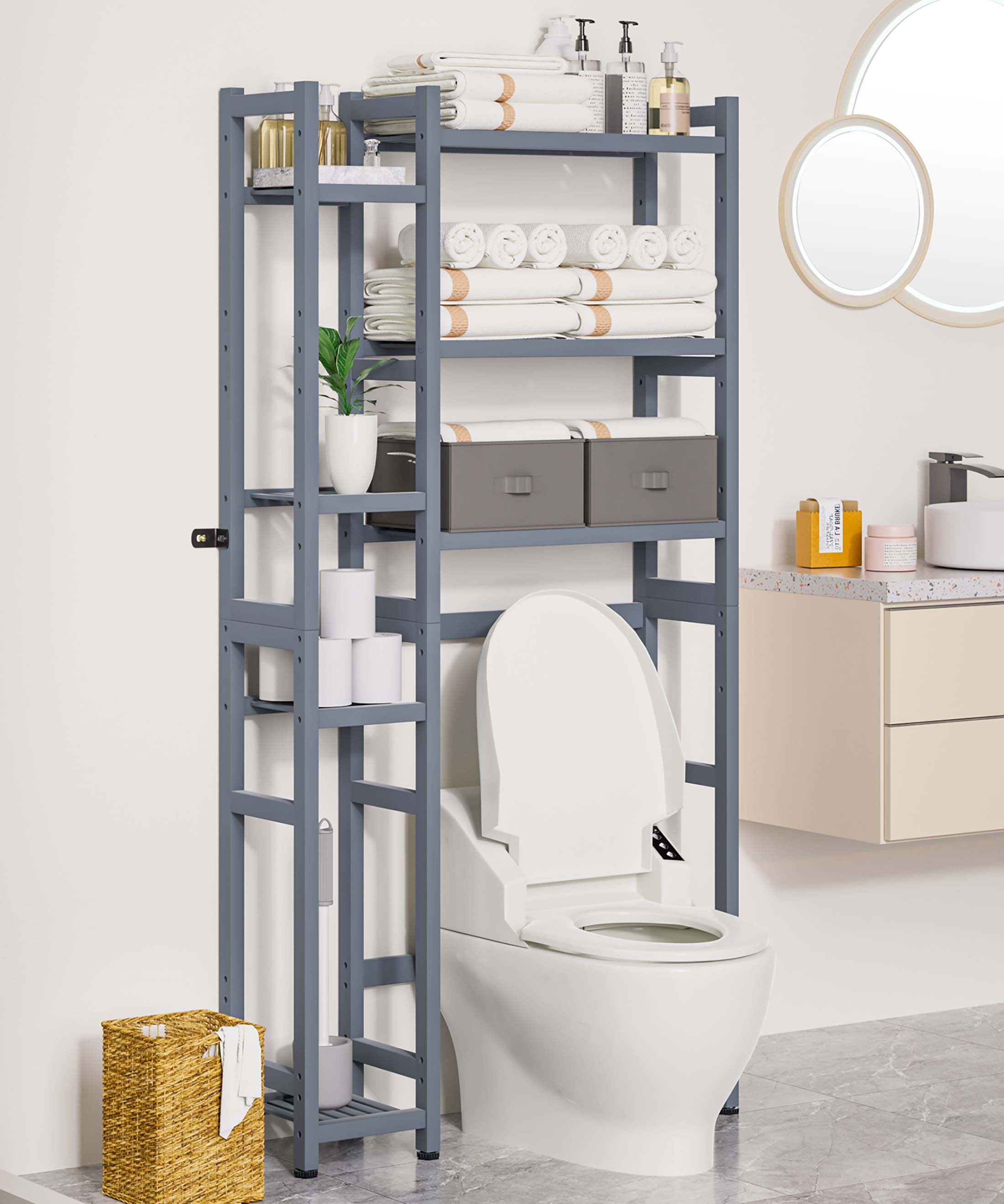 Enogets Over the Toilet Storage, Bamboo Bathroom Organizer with Adjustable Rack, Basket, Drawer & Waterproof feet