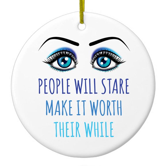 DistinctInk Hanging Ceramic Christmass Tree Ornament with Gold String - Great Gift / Present - 2 3/4 inch diameter - People Will Stare Make it Worth Their While