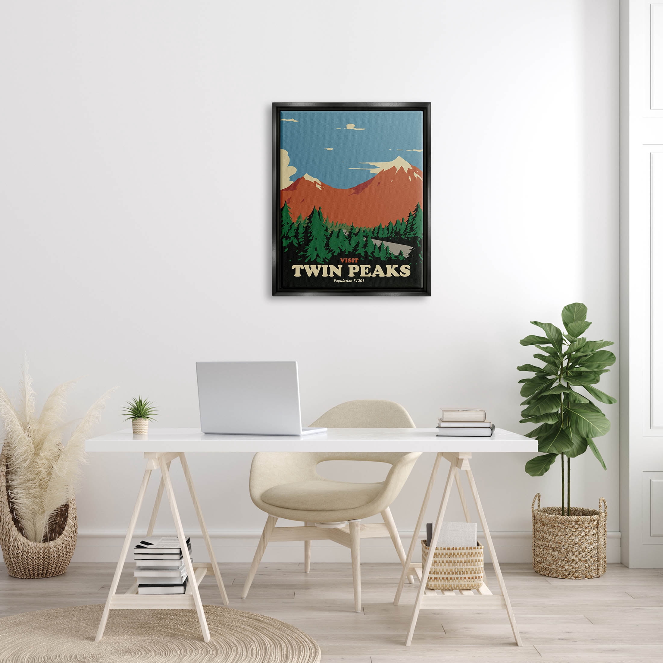 Stupell Industries Visit Twin Peaks Mountain Landscape Graphic Art Jet Black Floating Framed Canvas Print Wall Art, Design by Matheus Lopes Castro