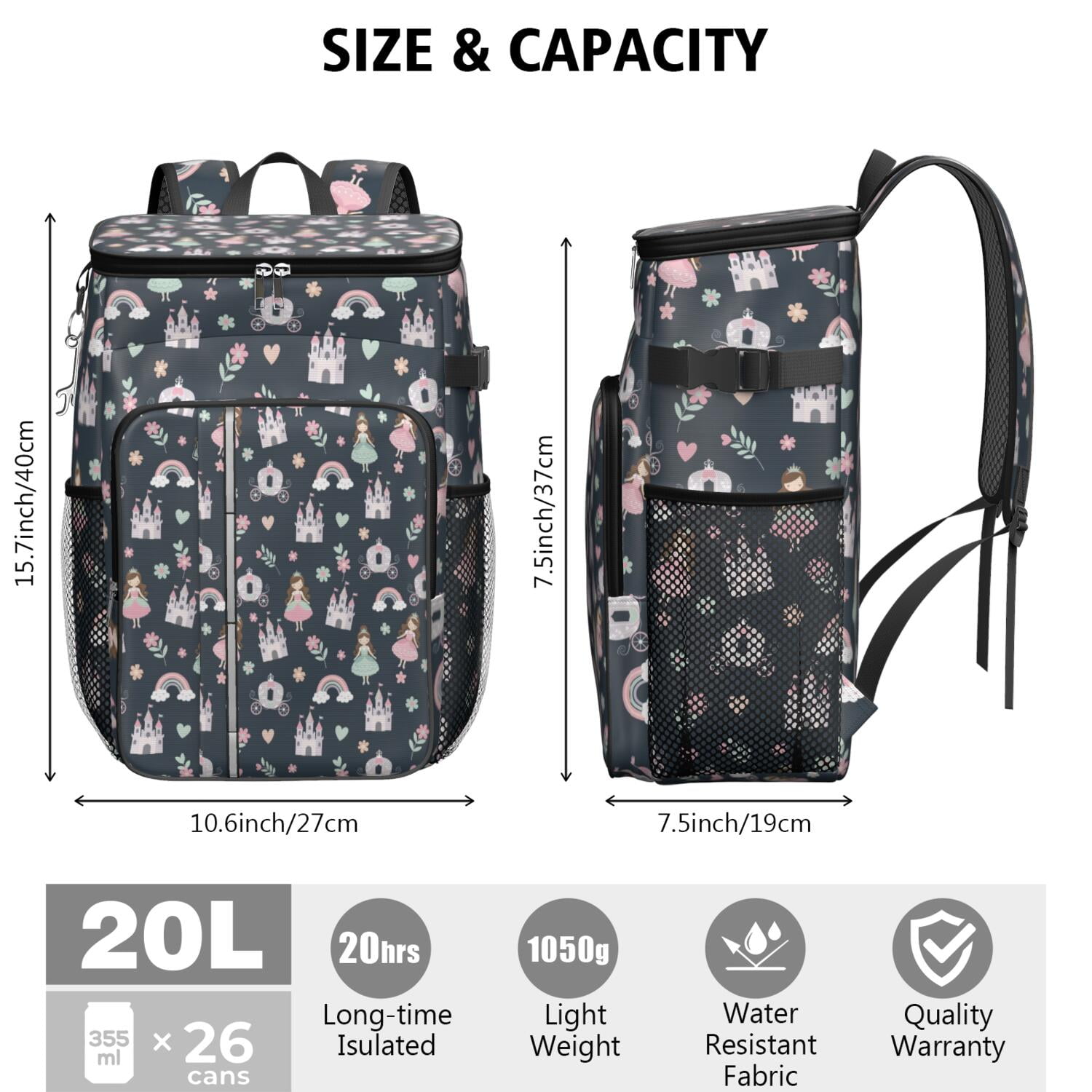Travel Cooler Bag - Dark Blue Princess Castle Pattern Camping Beer Cooler Backpack with Bottle Opener- Waterproof Insulated Picnic Backpacks - Cooler Bag for Beach