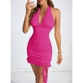 thumbnail image 6 of Women Halter Deep V Neck Ruched Bodycon Dress Summer Mesh Hem Club Party Short Mini Dresses Dragon Fruit Color S, 6 of 8