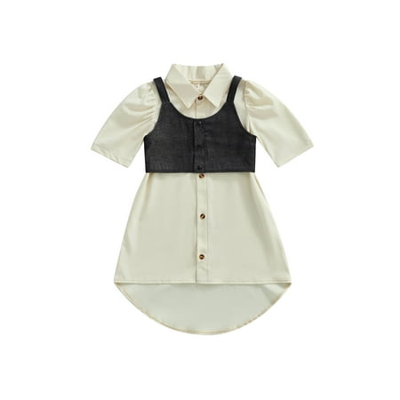 

Frobukio Kids Little Girls Dress Clothes Sets Short Sleeve Solid Shirt Dress with Button Closure Camisole Streetweat Apricot 5-6 Years