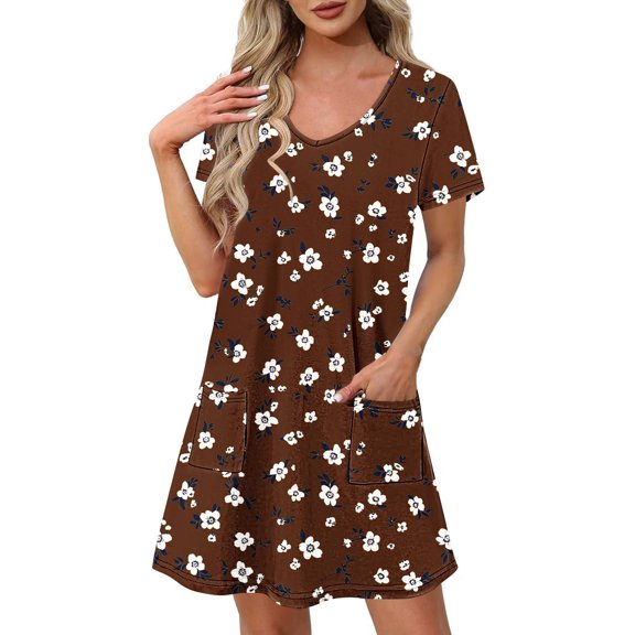 Aimik Women's Fashion Floral Printed Short Sleeve V-Neck Casual Short Dress with Pockets Summer Loose and Comfortable Dress