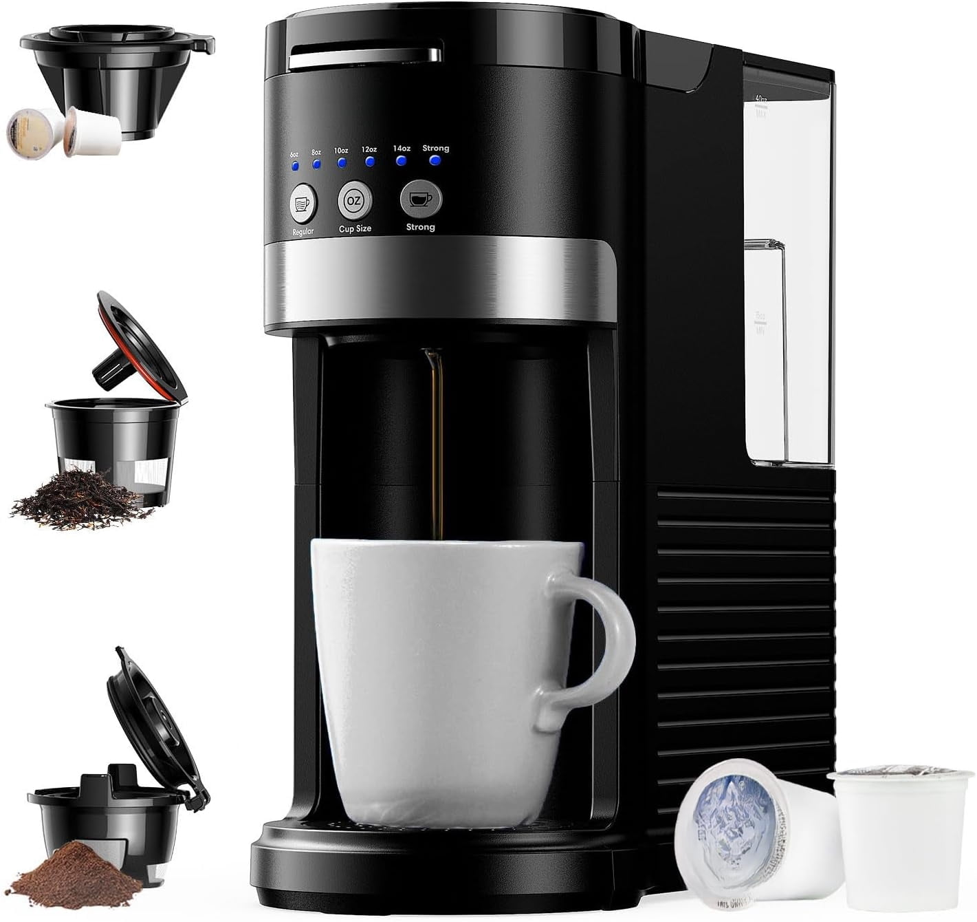 3 in 1 Single Serve Coffee Maker, K Cup Pod Coffee Maker Compatible with Grounds & Teas, 6 to 14oz Brew Sizes, 40oz Removable Water Tank, Easy to Use, Black