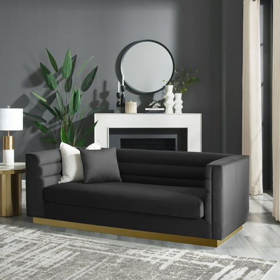 Inspired Home Anniston Velvet 3 Seat Sofa with Gold Base and Horizontal Channel Tufting, Black
