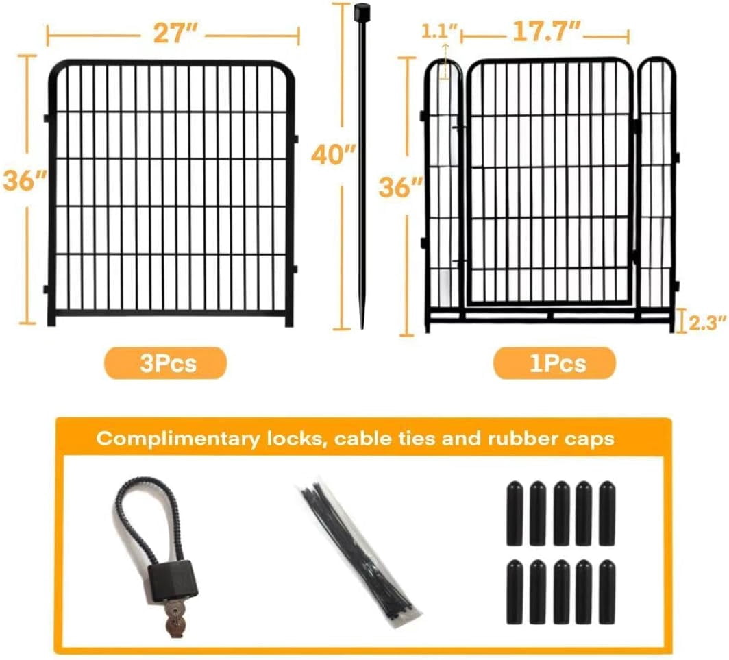 36-inch decorative garden fence with gate, 8 panels, 8.7 feet long, heavy-duty wrought iron animal barrier, suitable for patios, indoor pets or outdoor dogs, and garden boundaries.