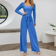 thumbnail image 2 of sususu Women's Jumpsuit Long Sleeve Square Neck Belted Wide Leg Romper Outfit Elegant Casual Loose Overalls,Blue,XL, 2 of 5