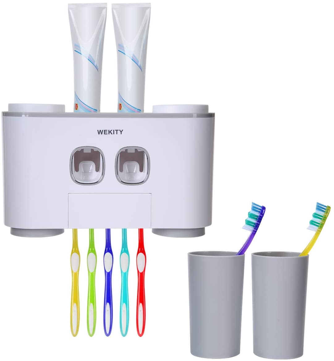 2 Automatic Toothpaste Dispenser and 4 Cups 5 Toothbrush Slots Toothbrush Holder Multifunctional Wall-Mounted Space-Saving Toothbrush and Toothpaste Squeezer Kit with Dustproof Cover Blue