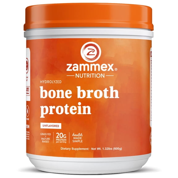 Zammex Grass Fed Beef Bone Broth Powder, 1.32lb, Protein Supplement, Collagen-Rich for Skin & Joint Health, Keto Paleo, Natural Flavor