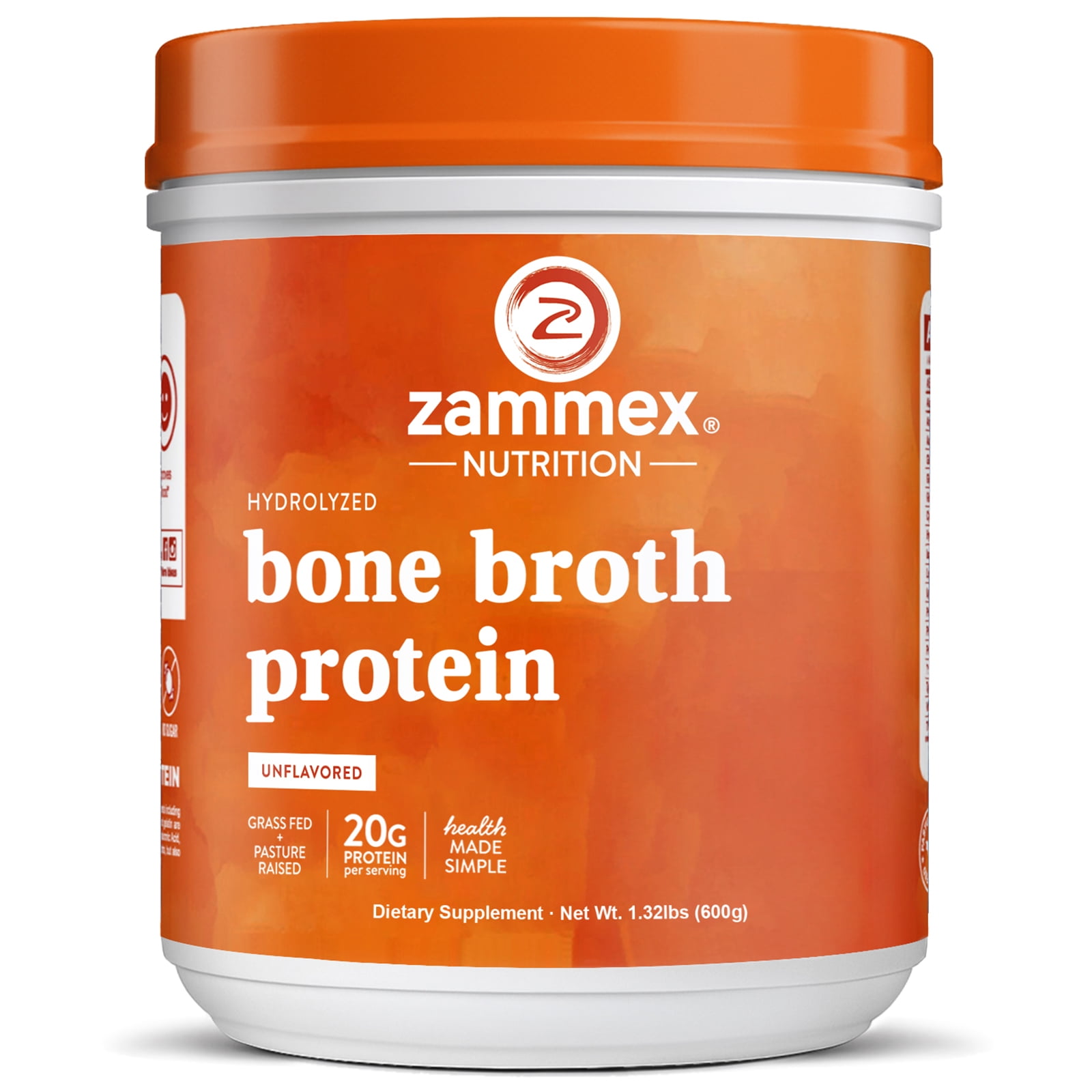 Zammex Grass Fed Beef Bone Broth Powder, 1.32lb, Protein Supplement, Collagen-Rich for Skin & Joint Health, Keto Paleo, Natural Flavor