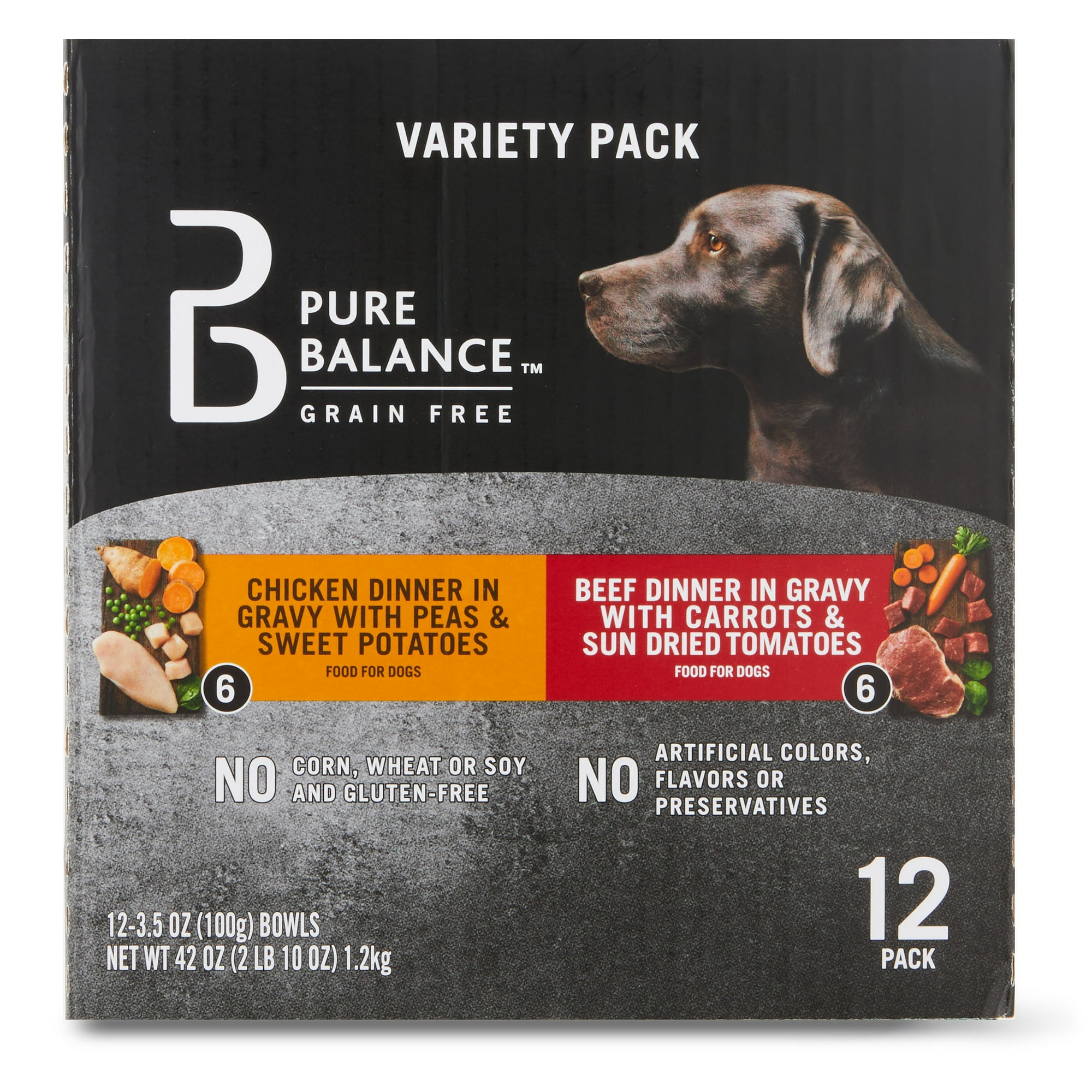 Pure Balance Grain Free Chicken Dinner in Gravy & Beef Dinner in Gravy Wet Dog Food Variety Pack, 3.5 oz, 12 Pack