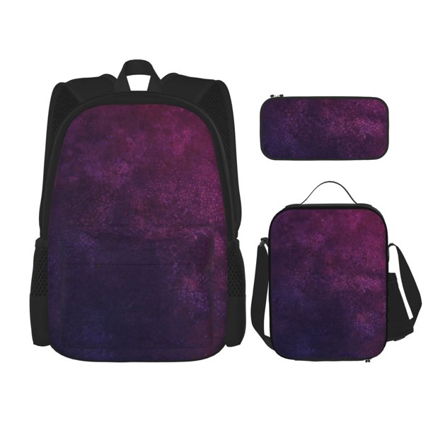 Easygdp Black Dark Blue Purple Mochila para Niños y Niñas con Set de Caja de Almuerzo y Estuche para Lápices 3 en 1, Mochila Escolar Estampada para Adolescentes