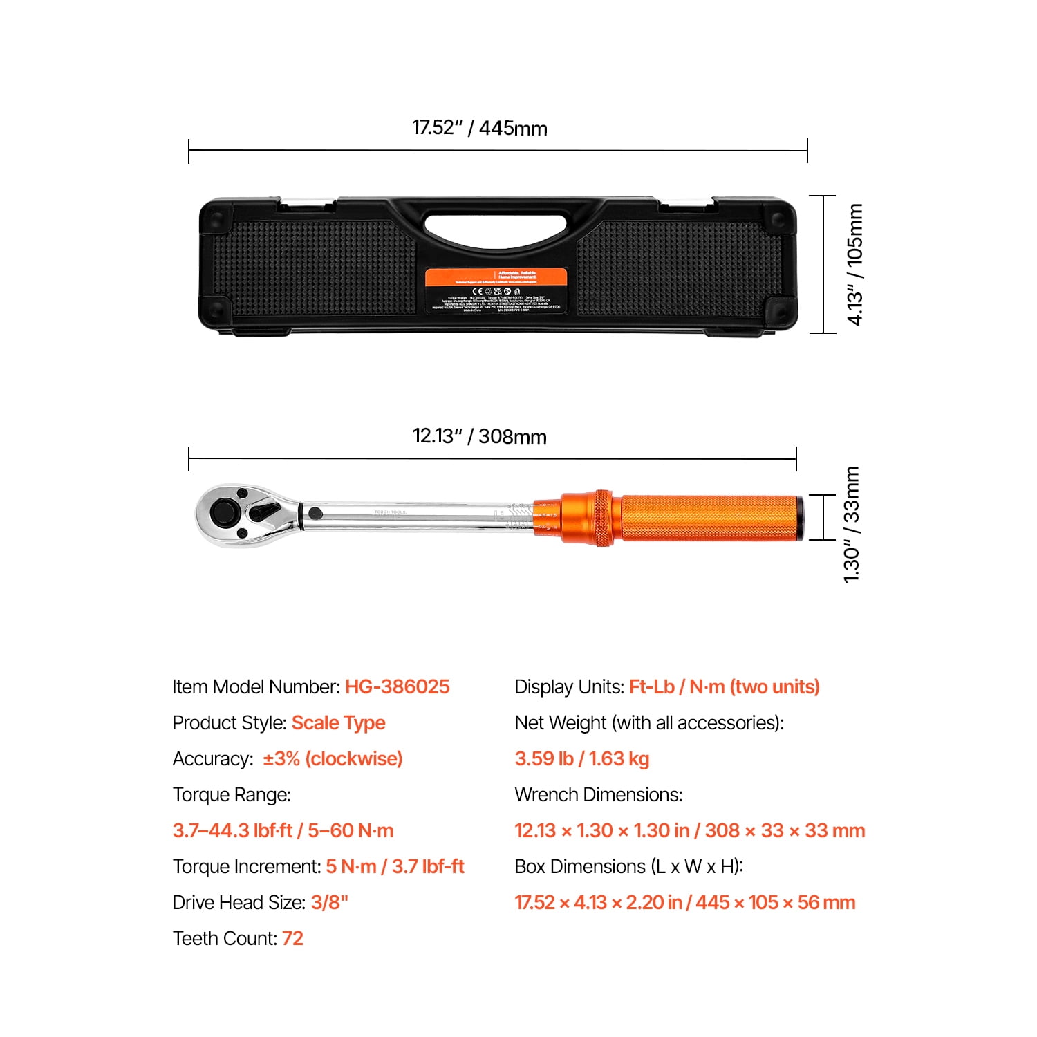KFFKFF Click Torque Wrench Set, 3/8 Inch Drive, 5-60 N.m / 3.7-44.3 lbf.ft, Dual-direction, 72-Tooth, ±3% Accuracy, Includes Sockets, Bits, Extension Bar, Spark Plug Sockets, Adapter, Orange
