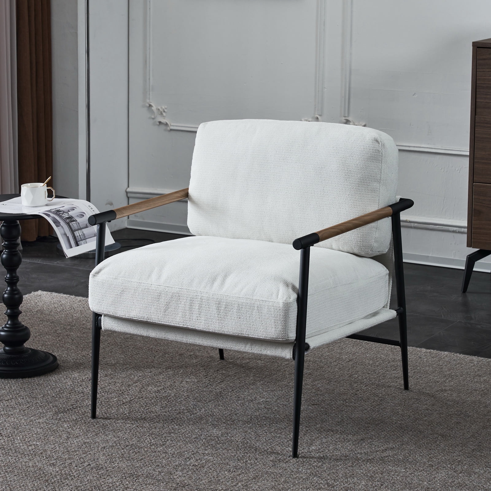 Resenkos Mid-Century Accent Chair, Leisure Chair Lounge Lazy Chair with Metal Frame for Living Room, White