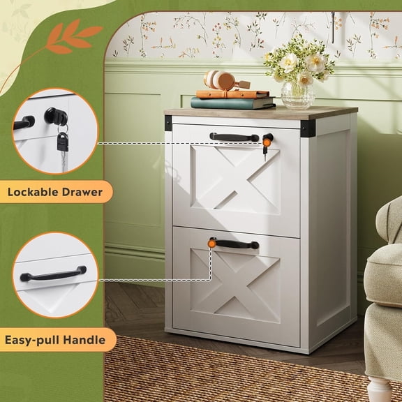 2 Drawer File Cabinet with Lock, Wood Farmhouse Filing Cabinet for Home Office, Printer Stand Fits Letter and A4 Size, White