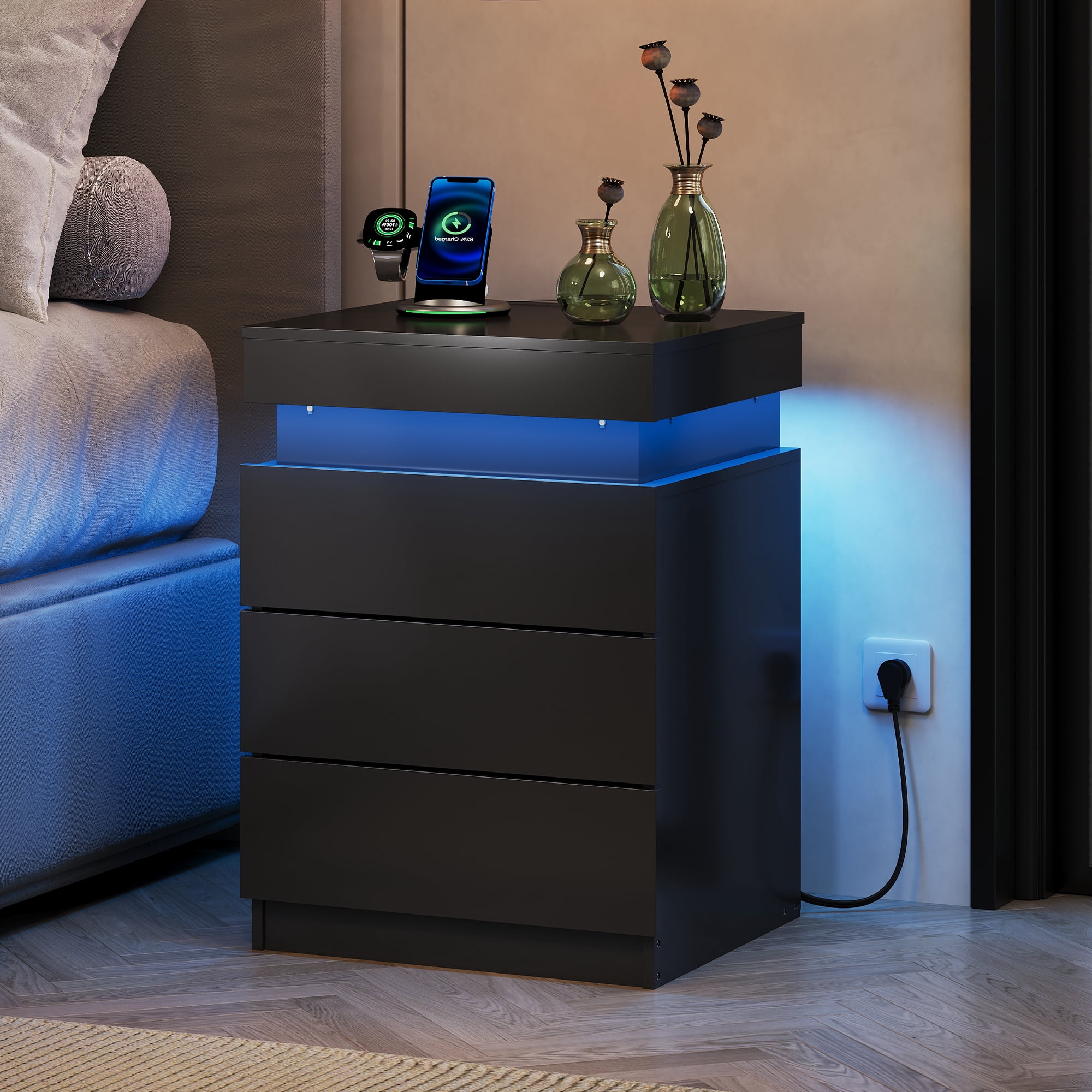 GALAXHERO Nightstand with Charging Station, LED Lights, Side Table with Sliding Top, 3 Drawers Bedside Table with Hidden Space, Modern End Table for Bedroom, Living Room, Black