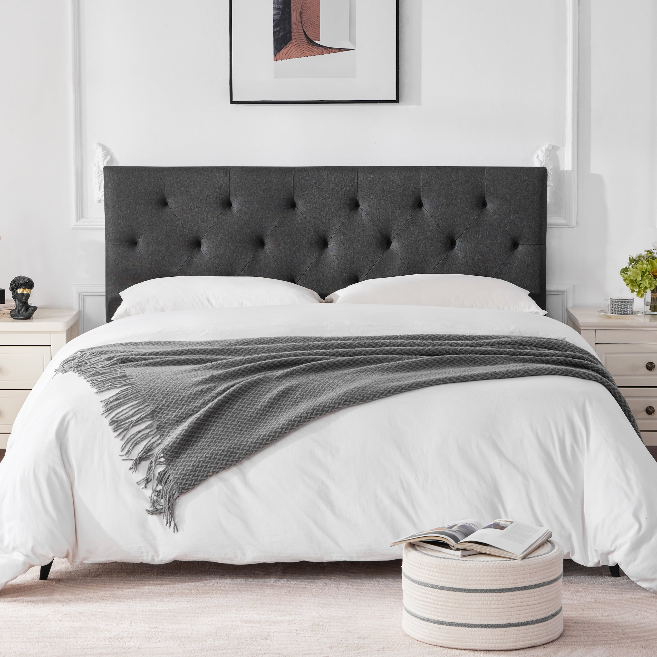 Weture Linen Upholstered King Size Headboard, Modern Panel, Dark Grey