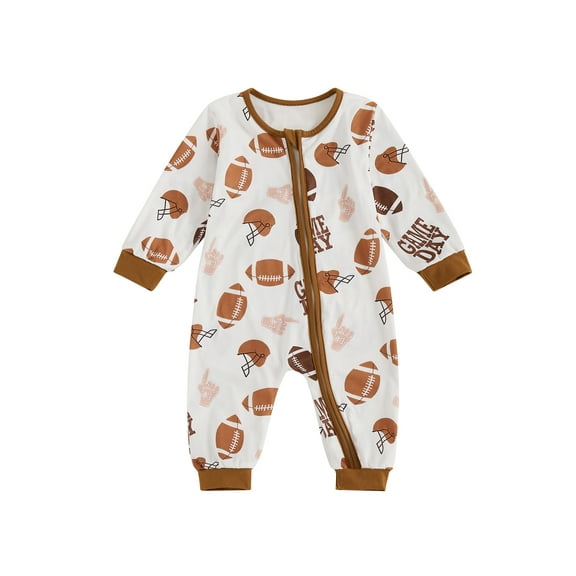 Suealasg Baby Boy Fall Romper Bodysuits 3 6 12 18 Months Newborn Boy Crew Neck Long Sleeve Football Letter Print Full Length Jumpsuit