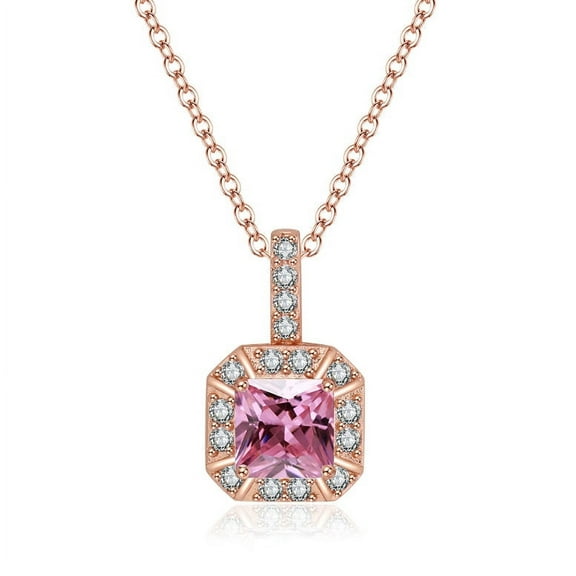 Bonjour Jewelers 18K Rose Gold 1ct Halo Pink Sapphire Square 18 Inch Necklace Plated