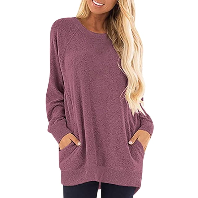 Chandails en Molleton à Capuche pour Femmes, Pull de Mode à Manches Longues pour Femmes, Couleur Unie, Col Rond avec Poche, Chandail en Molleton Décontracté Rose