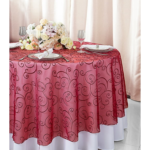 Wedding Linens Inc. 90" Round Embroidered Organza Table Overlay Toppers Tablecloth - Apple Red