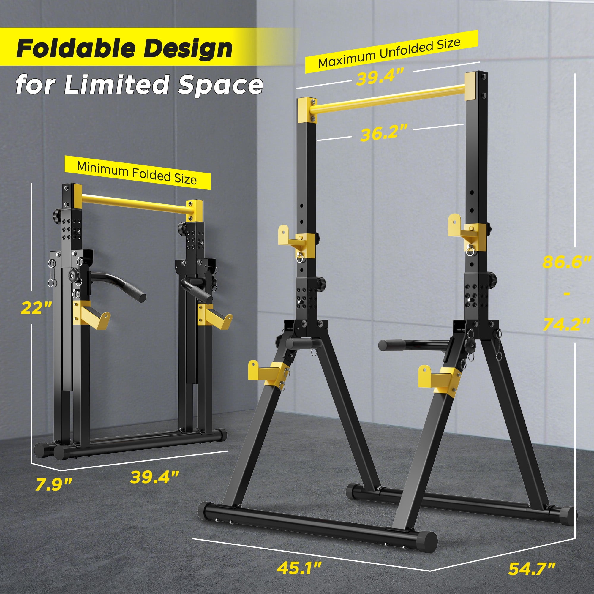 Multifunction Foldable Triangular Structure Pull Up Station , Free Standing Power Tower Pull Up Bar Dip Station Adjustable Height Strength Training Workout Equipment, Support 500lbs, Black + Yellow