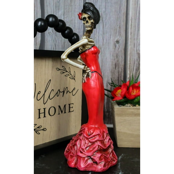 Ebros Day Of The Dead Rose Diva Lady In Red Ballroom Gown Skeleton Statue 8.5"H