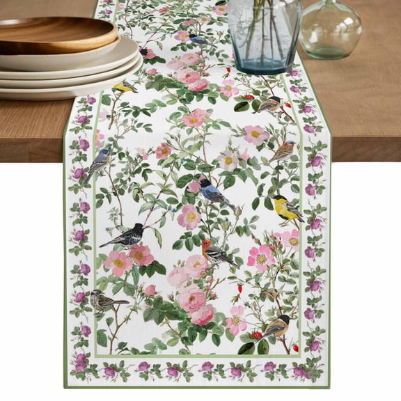 Pink Spring Floral Cotton Linen Table Runner for Dining Kitchen, Elegant Pastoral Flowers Birds Watercolor Wedding Outdoor Party Tablerunners, Dresser Scarf Coffee Tablecloth Runners 13x108 Inches