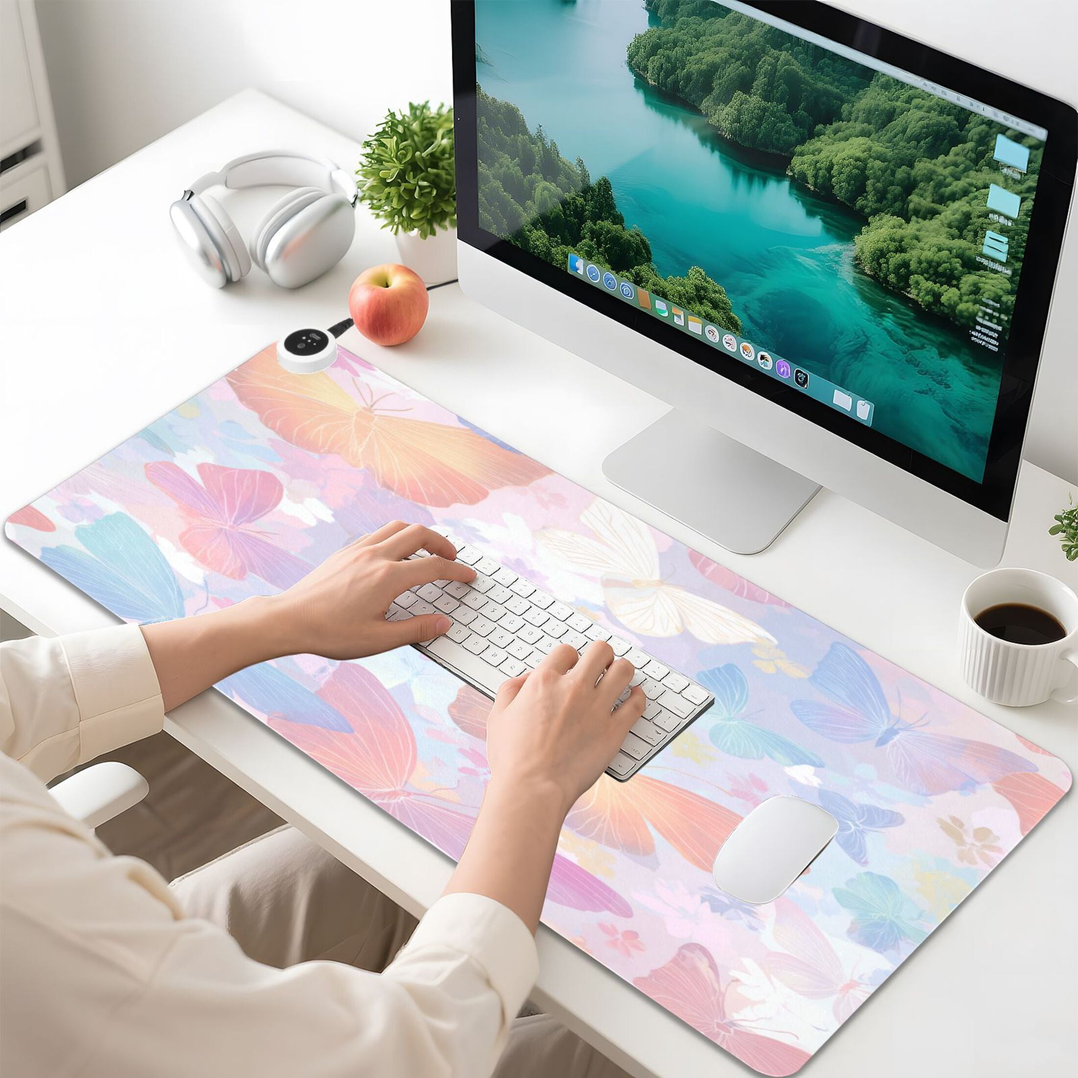 Large Heated Desk Mat Mouse Pad 31.5"x13"PU Leather Graphene Heating Desk Warmer with 3 Temperature Settings 110V US Plug Non-Slip Warm Pad for Home, Office, and Gaming Rainbow Pastel Butterfly Dance
