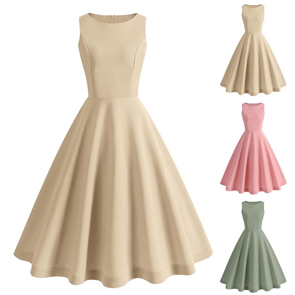 Juesizh Holiday Dresses for Women Hepburn Crew Neck Sleeveless Midi Dresses Fashion Vintage Summer Solid Color Tea Party Dress, S-2XL