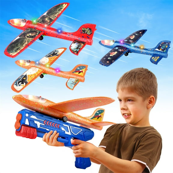 3 Pack Airplane Launcher Toy,12.6" Foam Glider Led Plane,2 Flight Mode Catapult Plane Boy Toys with 3 DIY Stickers,Outd