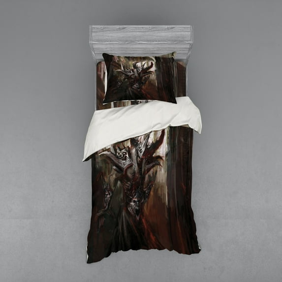 Ambesonne Fantasy Bedding Set 3 Pcs, Knight Fantasy Theme, Twin XL, Red Grey