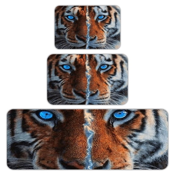 RKSupls Kitchen Rug Set 3 Piece Anti-Slip Flannel Floor Mats, Tiger Blue Eyes Washable Absorbent Runner Mats for Kitchen Bathroom Home Decor