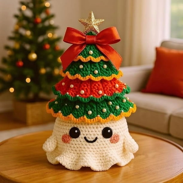 Decoración Fantasma Kit de crochet para hacer tú mismo: Árbol de Navidad y adorno de fantasma de Halloween para principiantes, 15 cm, manualidades navideñas Yulucky