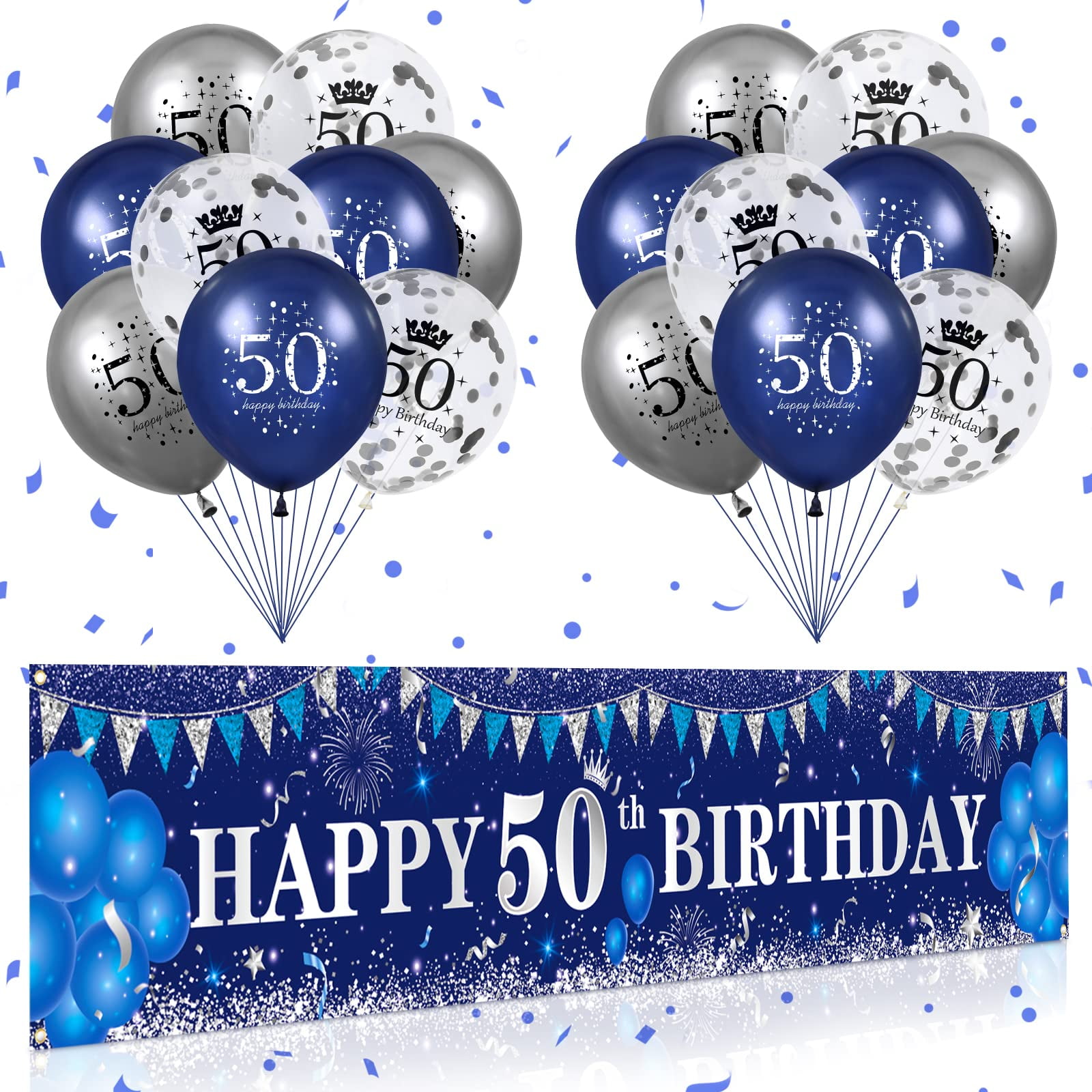 Blue 50th Birthday Decorations for Men Women, Navy Blue Silver Happy