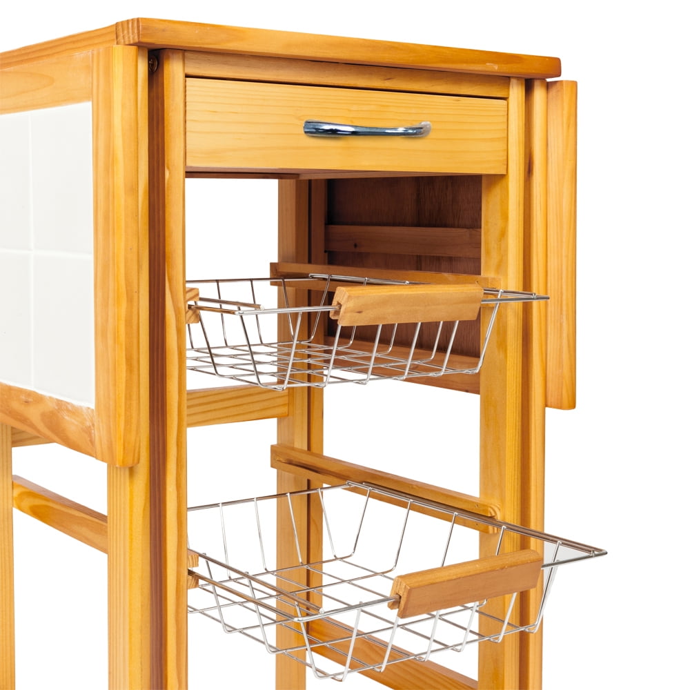 Kepooman Kitchen Storage Cart, 4-Tier Folding Rolling Wood Cart w/ Drawers Stand Kepooman Kitchen Storage Cart, 4-Tier Folding Rolling Wood Cart w/ Drawers Stand