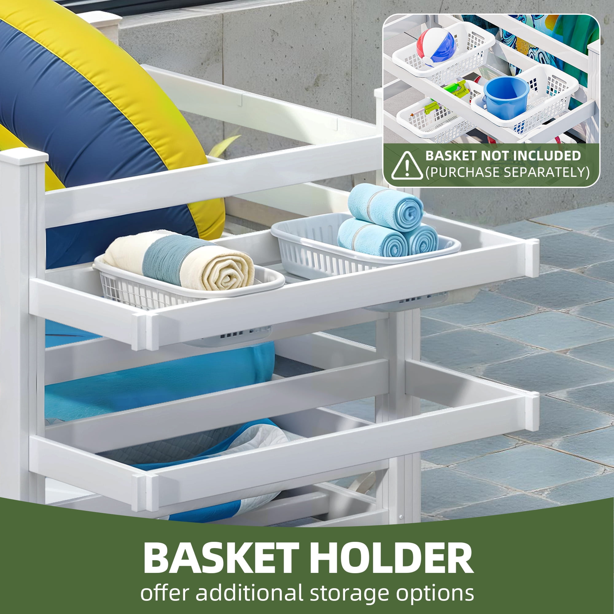 Uforic Outdoor Waterproof Storage Organizer with 6 Hooks, Pool Deck Box, Patio Bin, 64"W x 47"L x39"H, White
