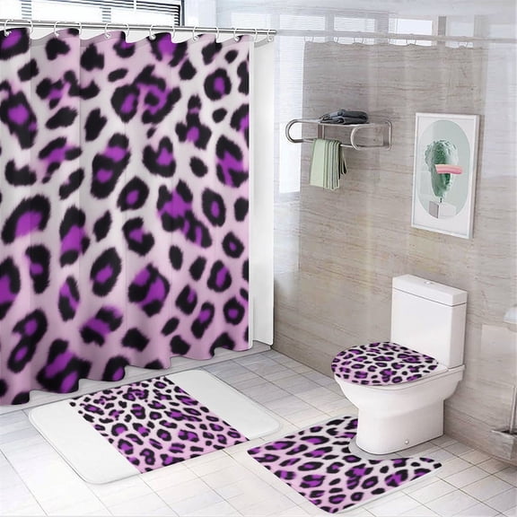 Colorful Leopard Print 4Pcs Shower Curtain Set Shower Curtain Set with Carpet Bath Mat