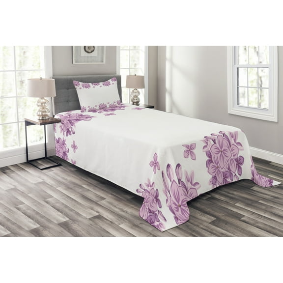 Ambesonne Floral Quilted Bedspread Set 2 Pcs, Lilac Flowers Blossoms, Twin Size, White and Lilac