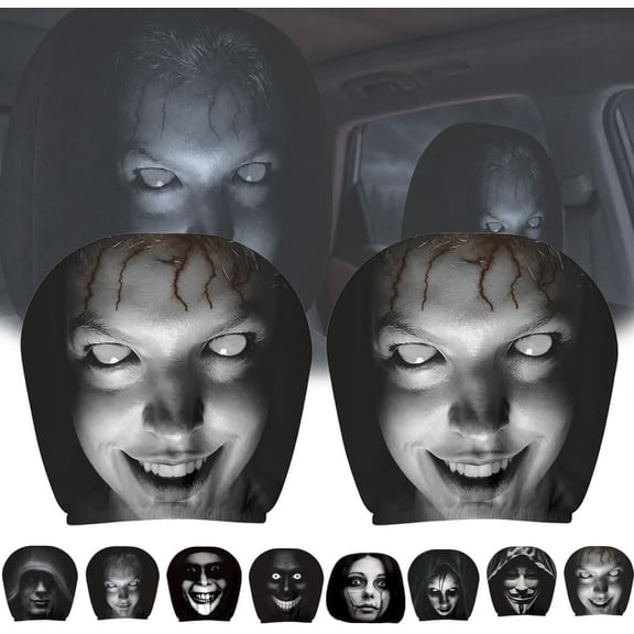Scary Ghost Face Headrest Covers for Cars Funny Car Accessories | 2/4 Pcs Halloween Creepy Horror Face Printing Auto Seat Universal Elastic Models Breathable Head Rest Cover Protector