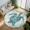 thumbnail image 3 of Teal Sea Turtle Coastal 7ft Round Rug, Nautical Summer Beach Starfish Non-Skid Rubber Backing Large Area Rugs - Living Room Bedroom Home Office, Indoor Floor Mat Carpets Washable Rug, 3 of 9