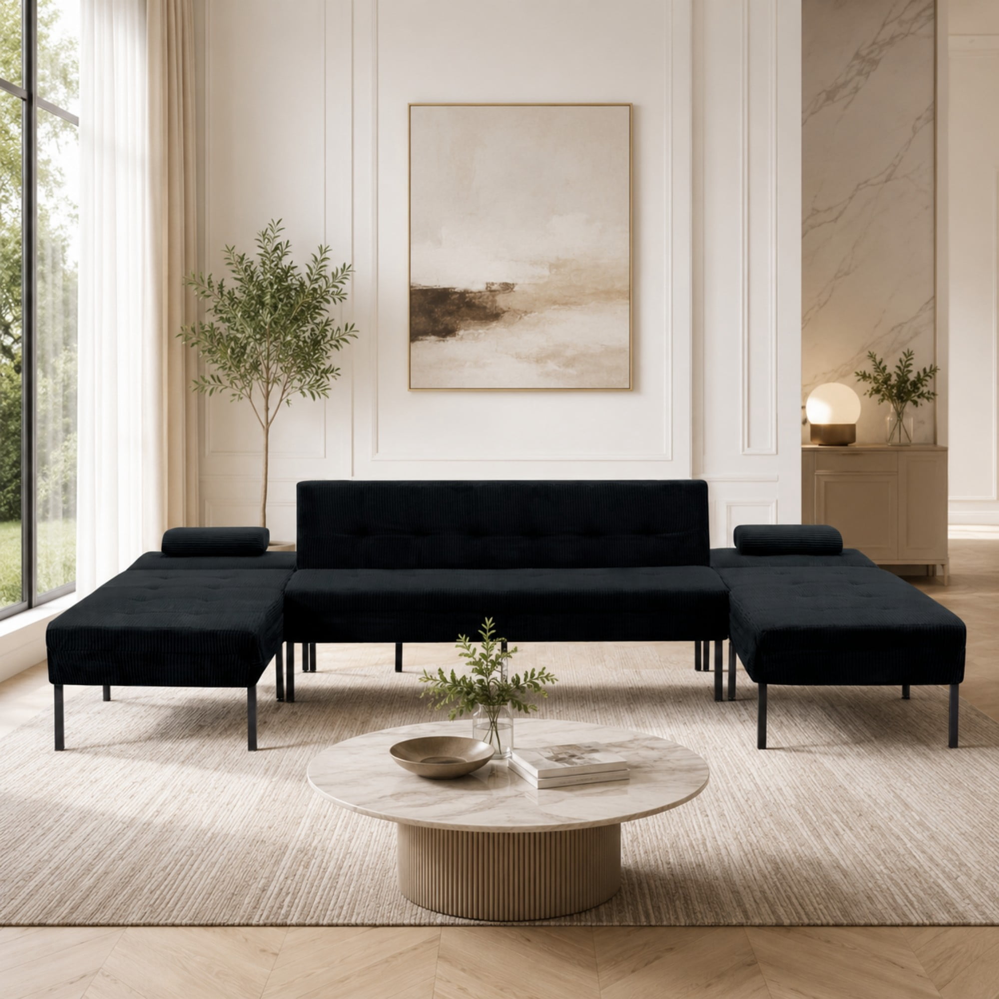 BSHTI 117.13" Soft Corduroy U-Shaped Sectional Sofa Bed with 5-Position Backrest, Comfy Couch for Living Room（Black）