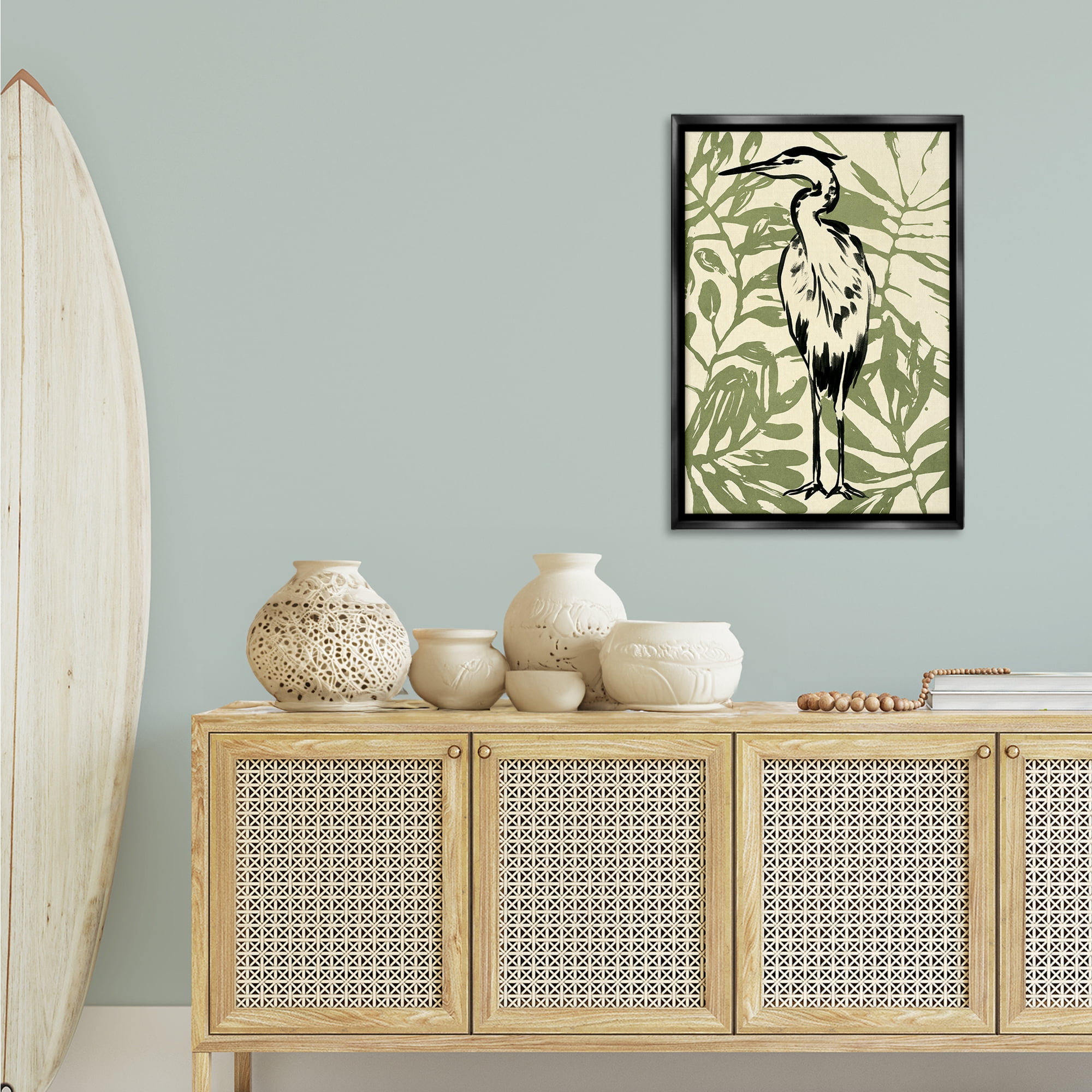 Stupell Industries Wild Heron & Leaves Animals & Insects Painting Black Floater Framed Canvas Art Print Wall Art, 21 x 31