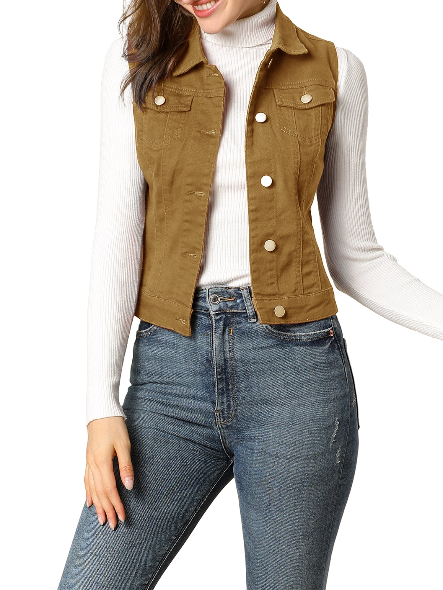 DARING DIVA Women's Denim Sleeveless Flap Pockets Vest Jacket S Khaki