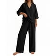 thumbnail image 2 of Women's Linen Summer Two Piece Outfit V Neck Button Down Top Wide Leg Pants Casual Loose Matching Travel Set, 2 of 7
