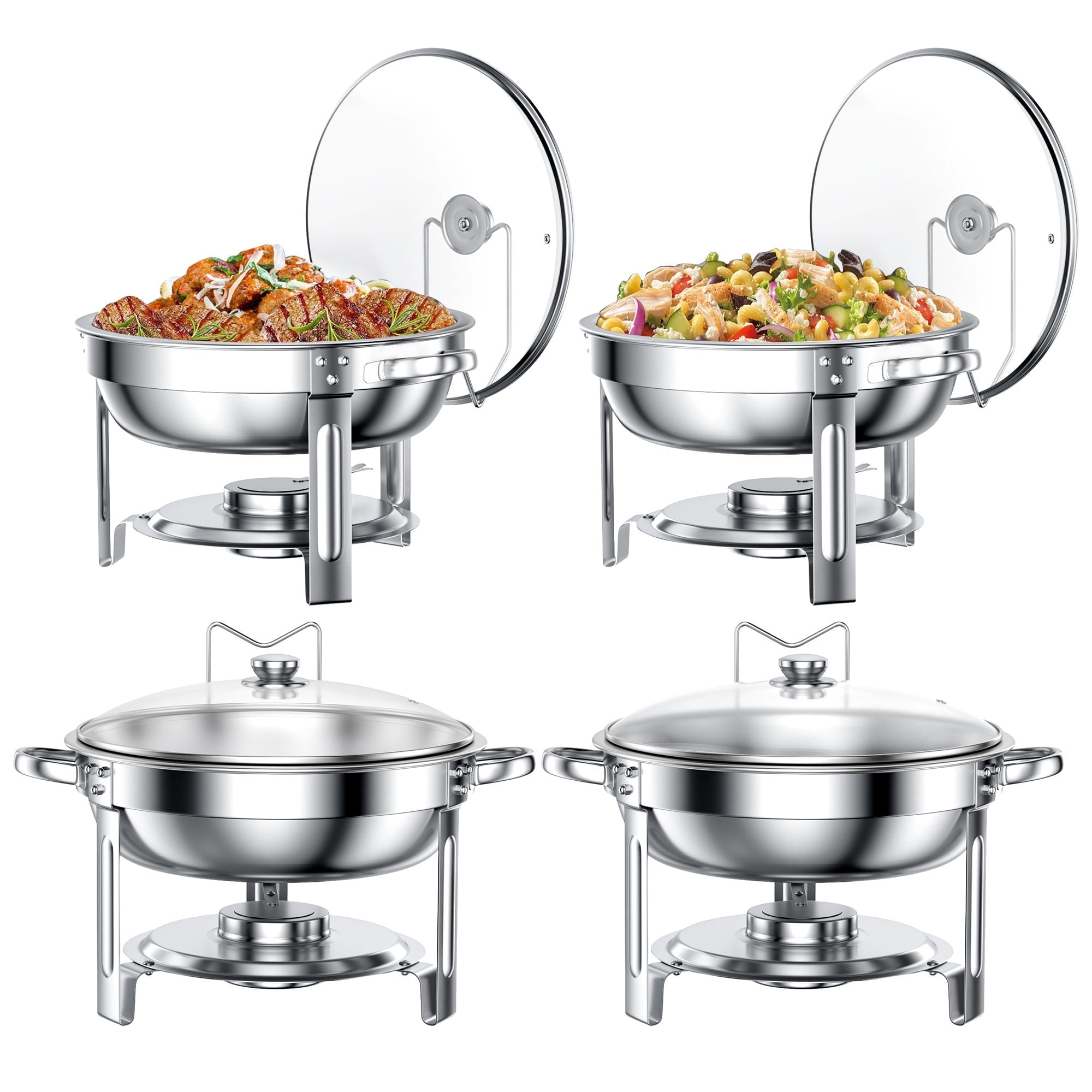 Chafing Dish Buffet Set 4 Pack: TINANA 5QT Stainless Steel Chafing Dishes for Buffet with Glass Lid & Lid Holder, Round Chafers and Buffet Warmers Sets for Parties, Events, Wedding, Camping, Dinner