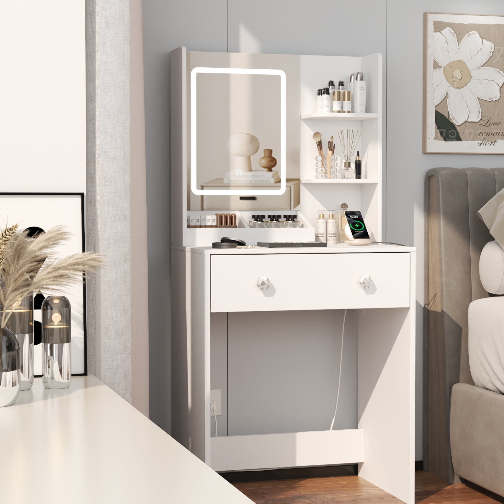 Satifur Vanity Desk with Mirror & Lights, GRWM Vanity with Drawers & Storage Shelves, Makeup Dressing Table with Charging, White