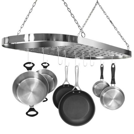 Low Ceiling Oval Pot Rack - Pot and Pan Rack for Ceiling with Hooks — Decorative Oval Mounted Storage Rack — Multi-Purpose Organizer for Home, Restaurant, Kitchen Cookware, Utensils, Books, Household (Hanging Chrome)