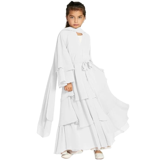EnJoCho Kids Abayas Dress for Girls Musli𝗆 Dress with Hijab Chiffon Layered Islam Kaftan Robe Open Front Cardigan Prayer Dress Girls' Middle Easter𝗇 Dress