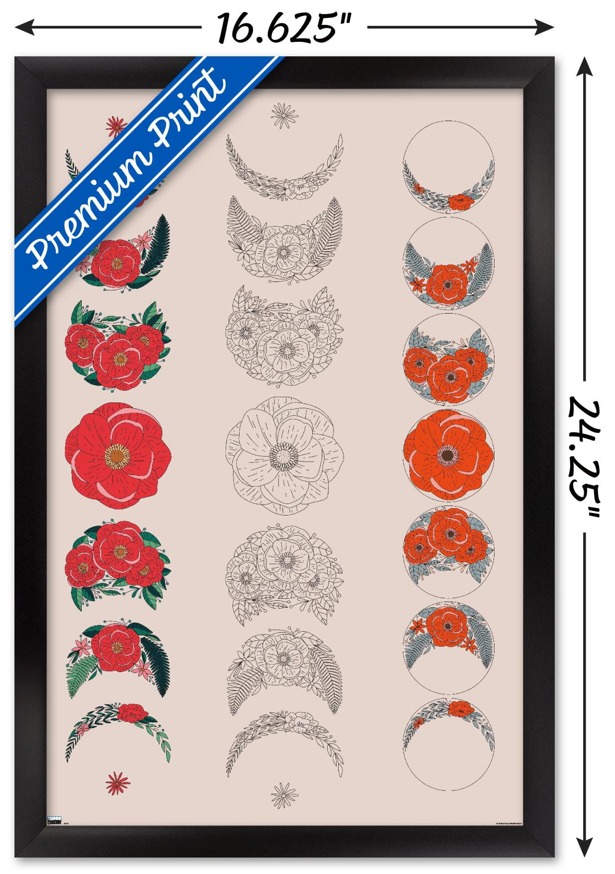 Floral Phases of the Moon Wall Poster, 14.725" x 22.375" Framed